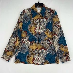 Classic Collection Womens Size 12 Vintage Button Up Blouse Teal Beige Red Print